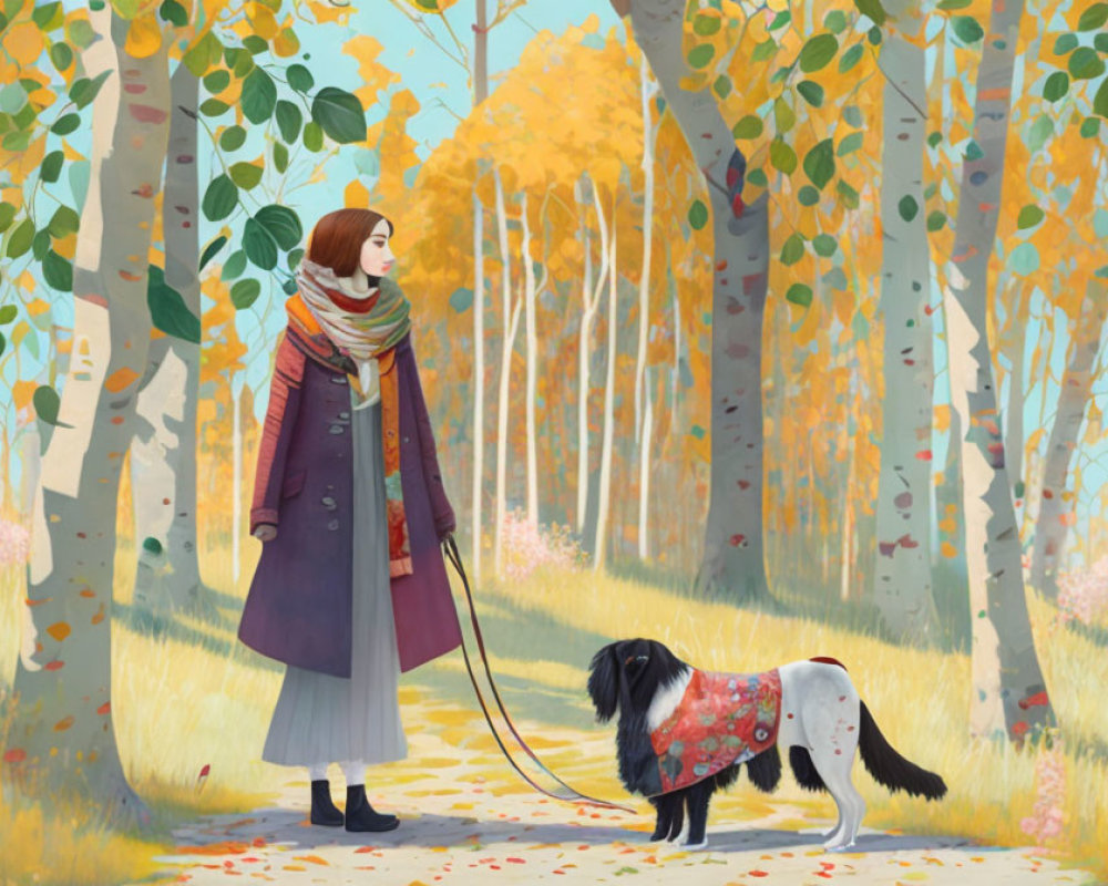 Woman walking black and white dog in autumn forest with golden leaves