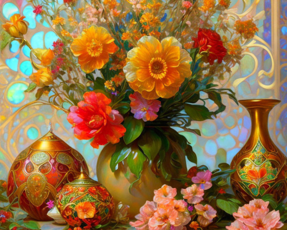 Colorful Still Life: Orange and Pink Flowers, Decorated Eggs, and Golden Vases