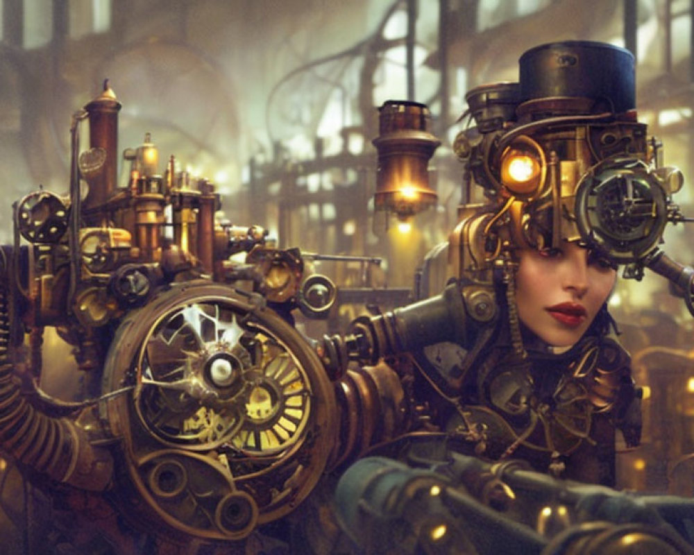 Steampunk themed illustration of a woman with mechanical goggles and gear in industrial setting