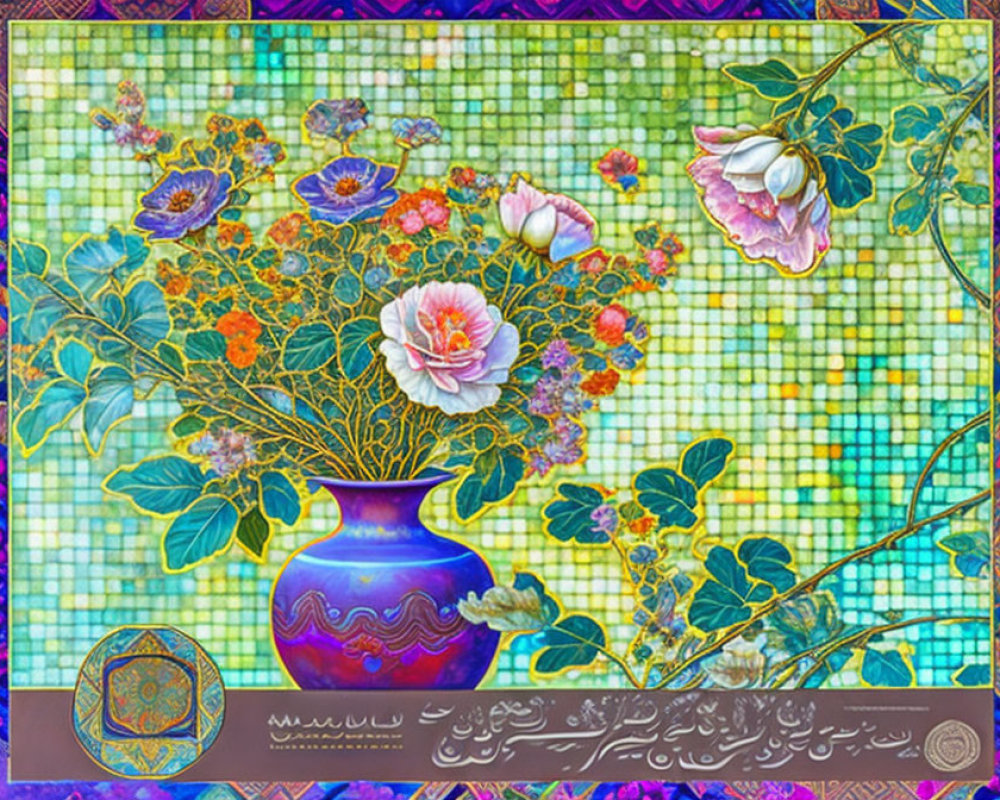 Colorful digital artwork: Vase with flowers, mosaic background, ornate script