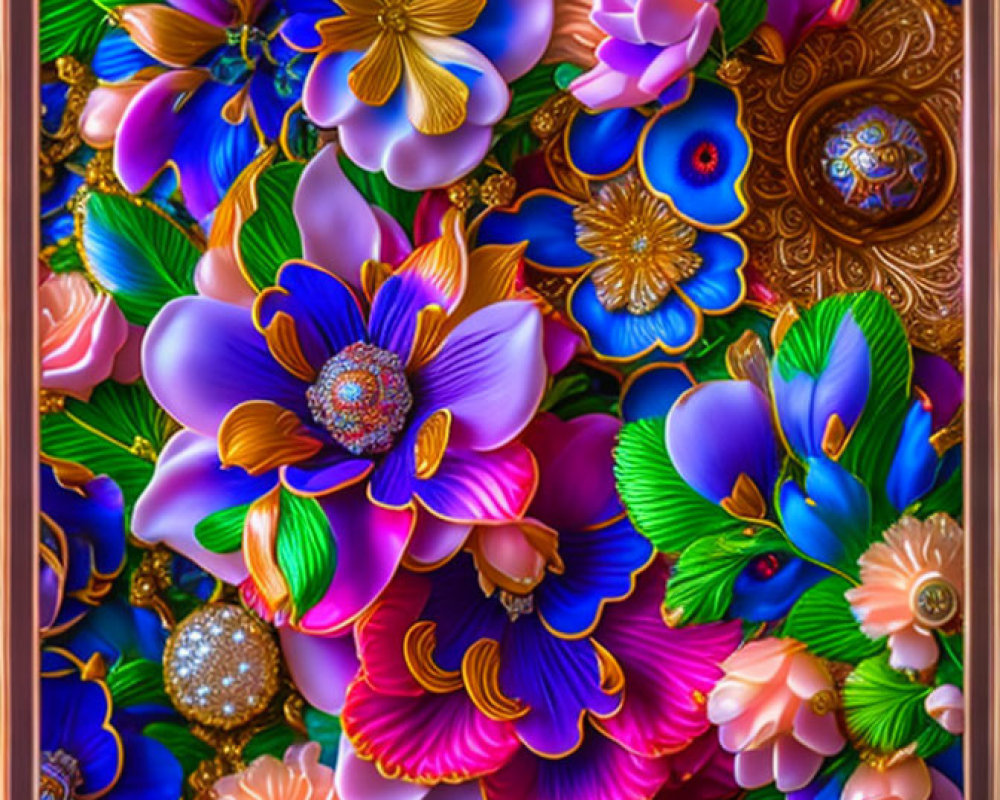 Colorful Floral Artwork with Purple, Pink, Blue, and Gold Hues