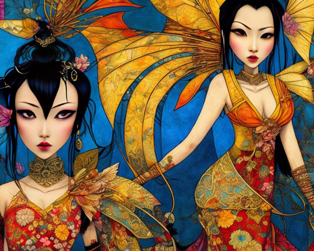 Colorful Asian-inspired female figure with intricate wings in floral setting.