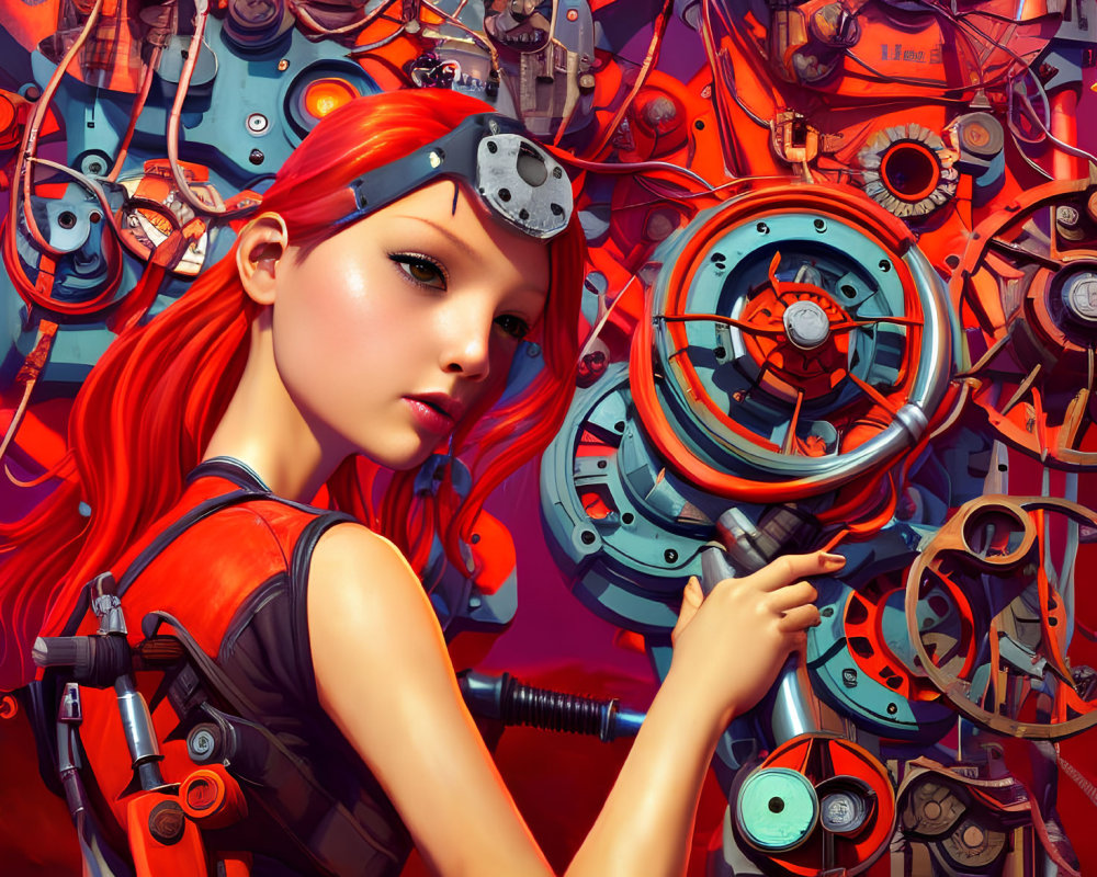 Digital artwork: Woman with red hair, mechanical eye patch, futuristic tool, complex machinery background