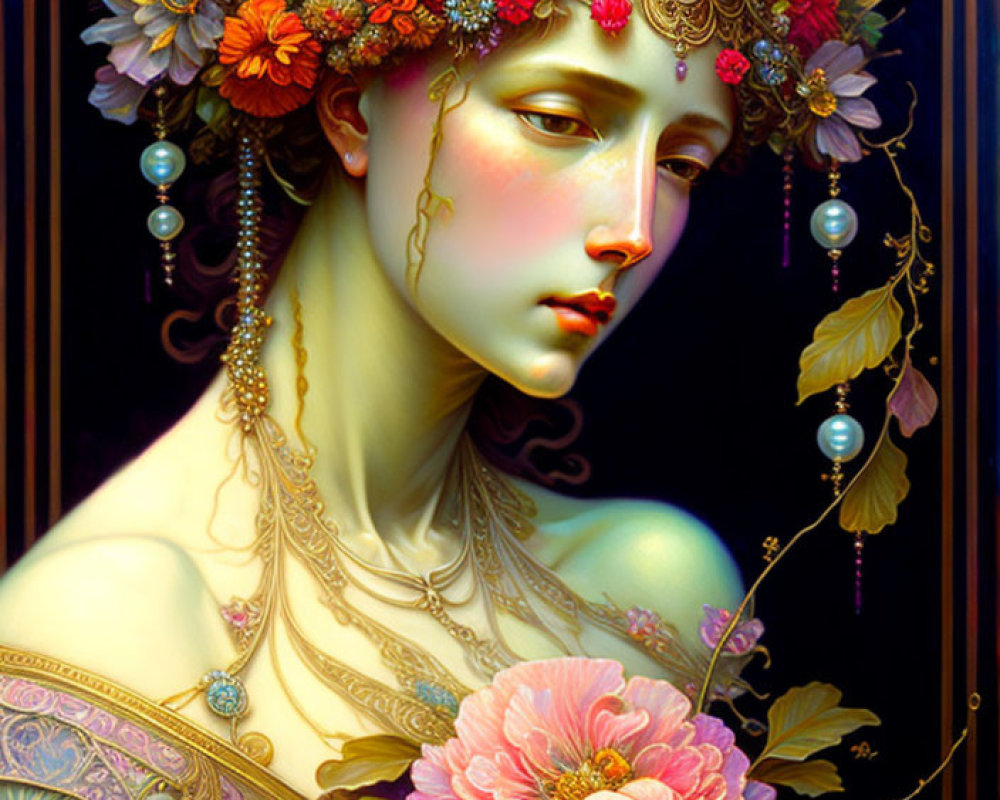 Detailed portrait of woman with floral crown and golden jewelry amidst blooming flowers on dark backdrop