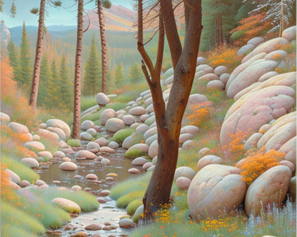 Tranquil forest scene with stream, moss-covered stones, pines, and autumn foliage.