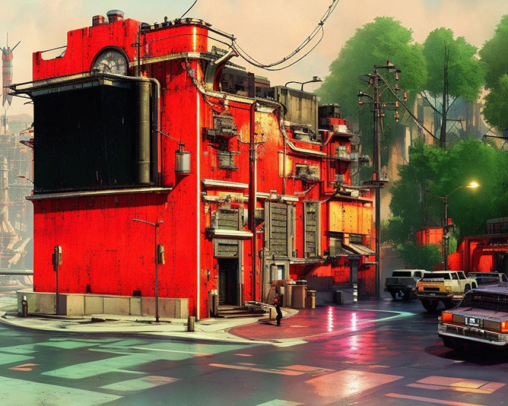 Futuristic red building with vintage cars on wet streets