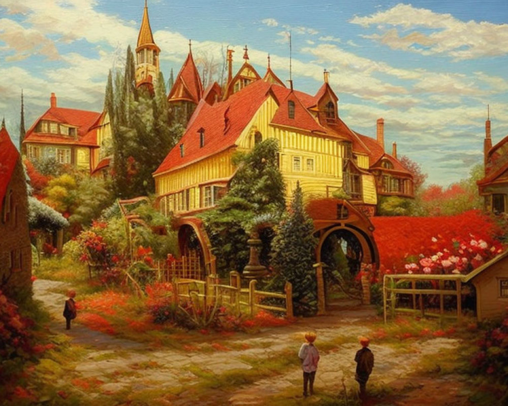 Charming village scene with castle tower, lush greenery, and residents walking