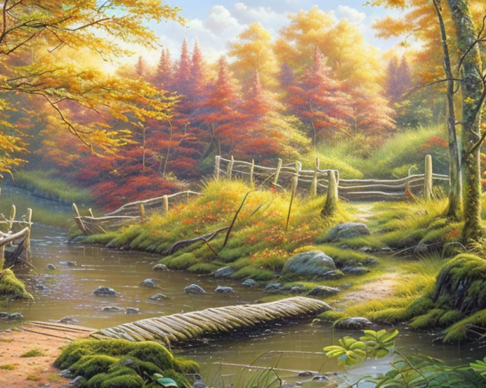 Tranquil autumn landscape with brook, bridge, foliage, and rustic fence