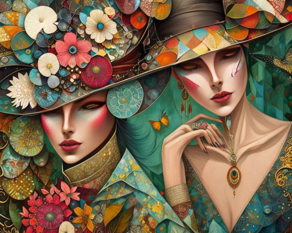 Colorful artwork featuring two stylized women with intricate hats and makeup, surrounded by floral and butterfly motifs