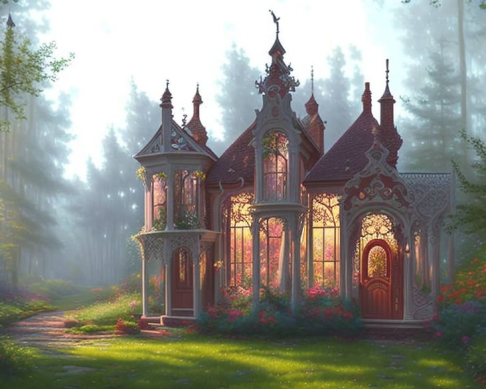 Victorian-style house in misty forest with intricate woodworking and colorful flora