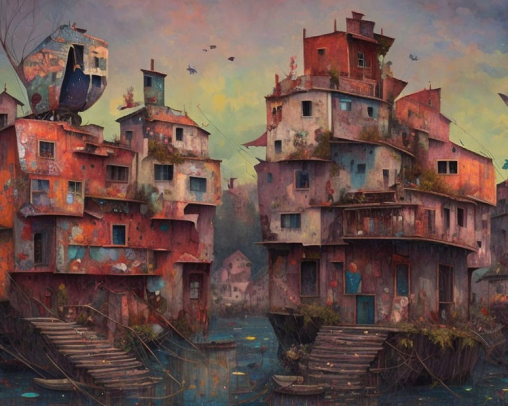 Abandoned multi-story buildings on water with boat in surreal, colorful scene