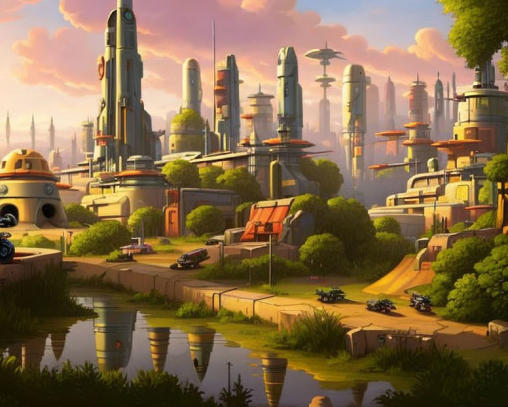 Futuristic cityscape with tall buildings, flying cars, and lush greenery