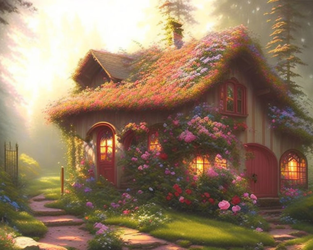 Cozy cottage in lush garden under forest sunlight