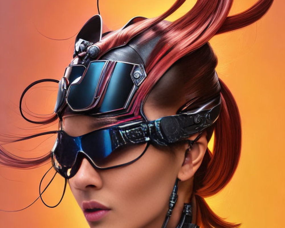 Cybernetic suit woman with red hair on warm gradient backdrop