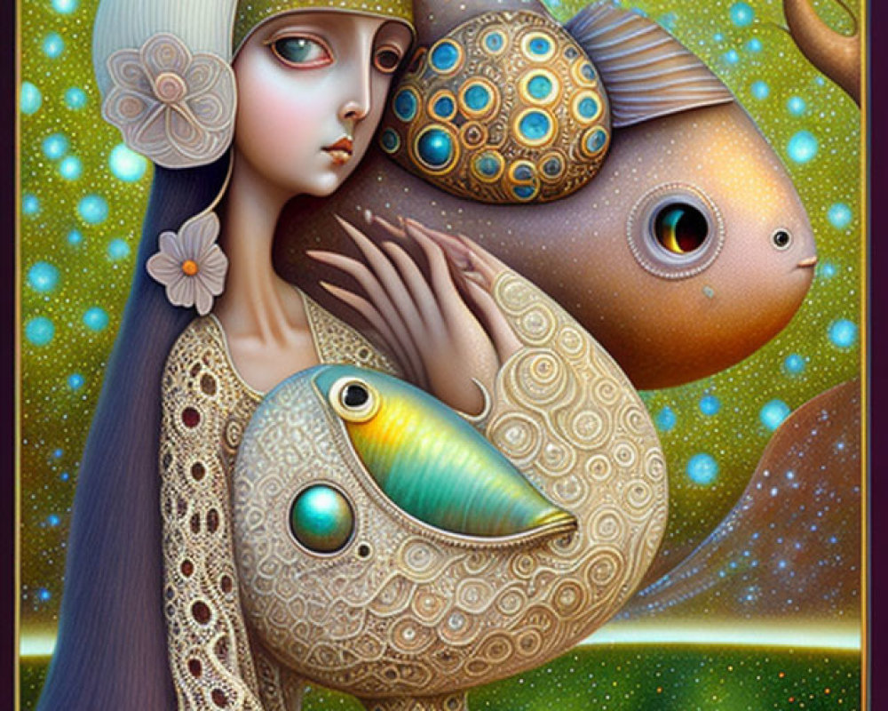 Surreal illustration of pale woman with conical hat and stylized fish