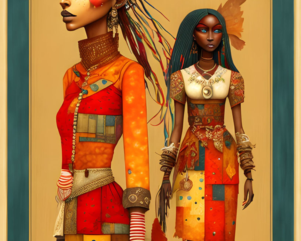 Stylized female figures in colorful attire with elongated features and a flying bird on tan background