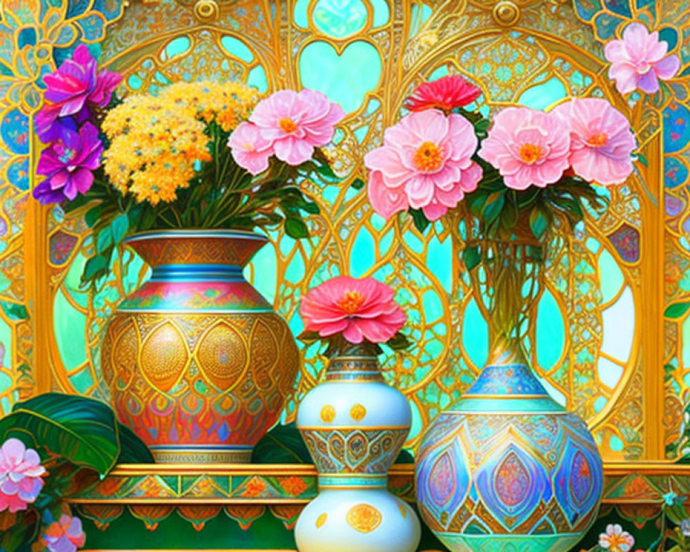 Colorful Ornate Illustration of Decorated Vases and Blooming Flowers on Vibrant Background