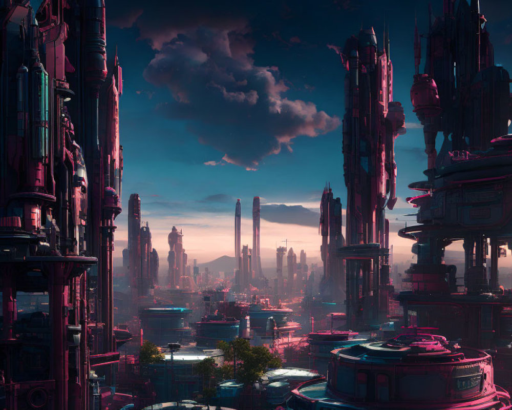 Futuristic twilight cityscape with skyscrapers and neon lights