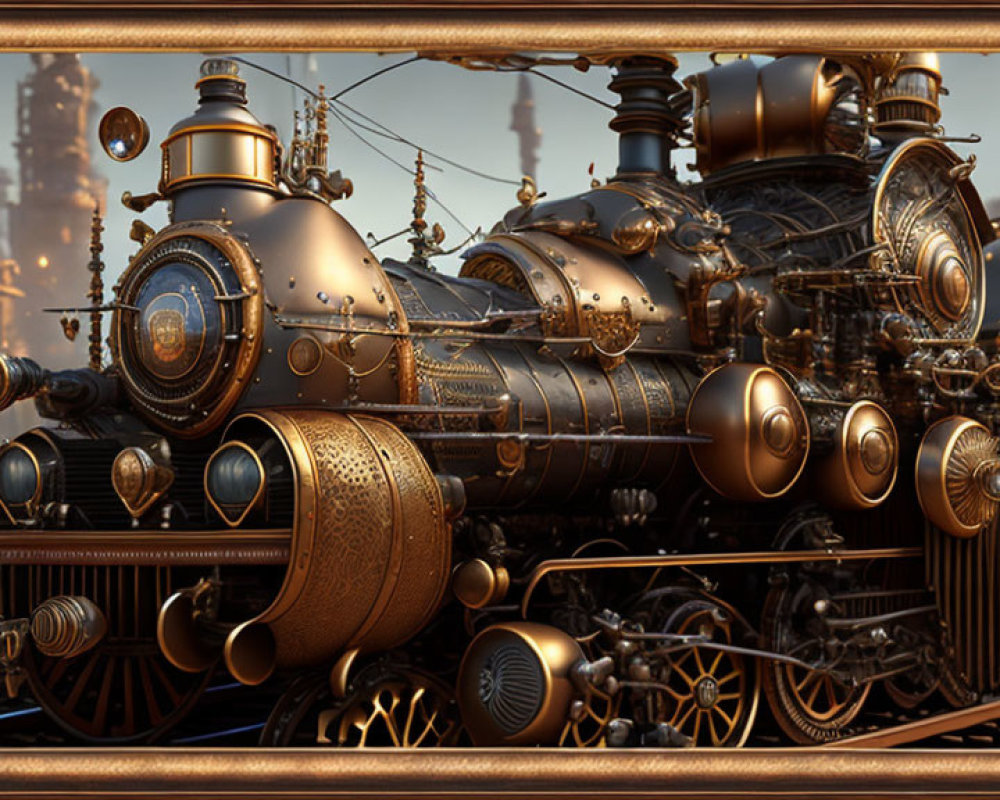 Detailed Steampunk Locomotive Against Industrial Backdrop