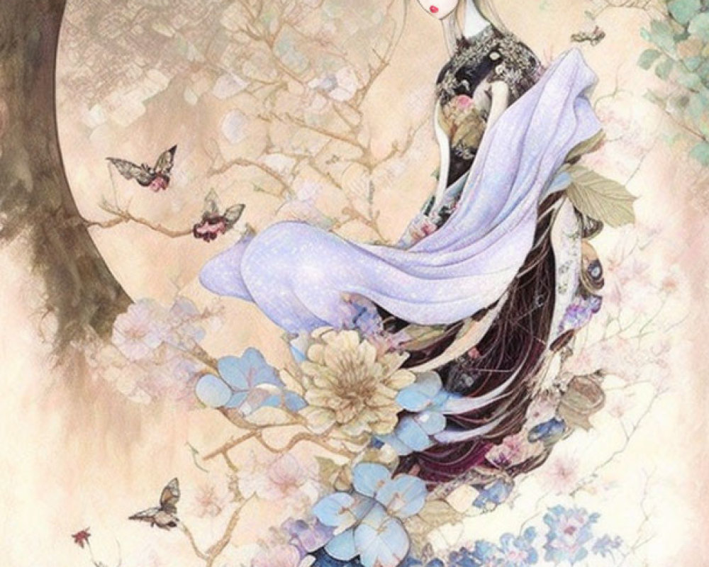 Ethereal woman in traditional attire surrounded by flowers and butterflies on pale circular backdrop