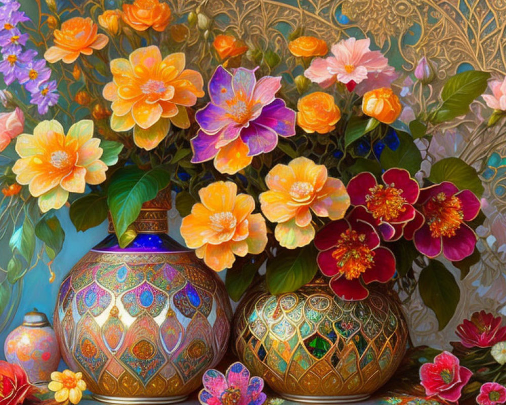 Colorful flowers in ornate vases on blue and gold backdrop