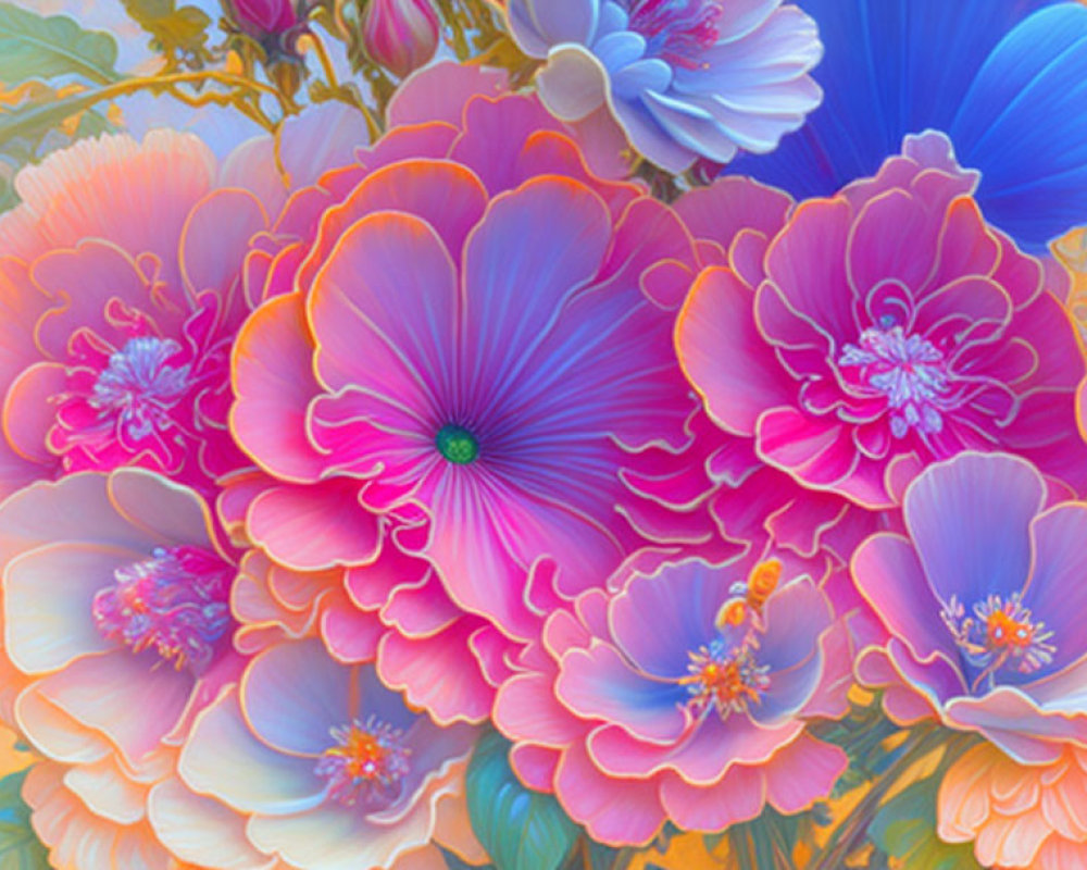 Colorful Oversized Pink and Blue Flowers Painting with Intricate Details