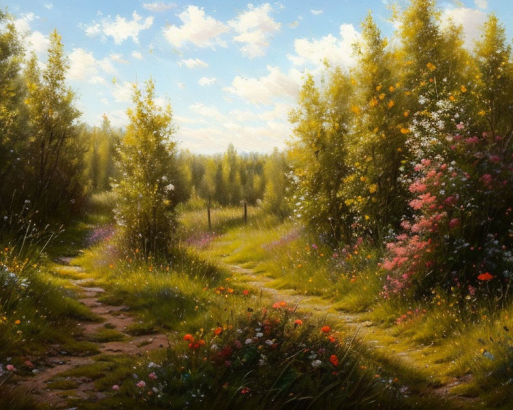 Tranquil landscape painting: sunlit meadow with winding path