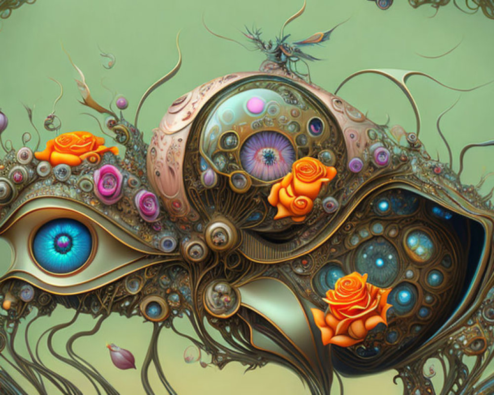 Surrealist artwork of eye-adorned structure with floral and metallic designs