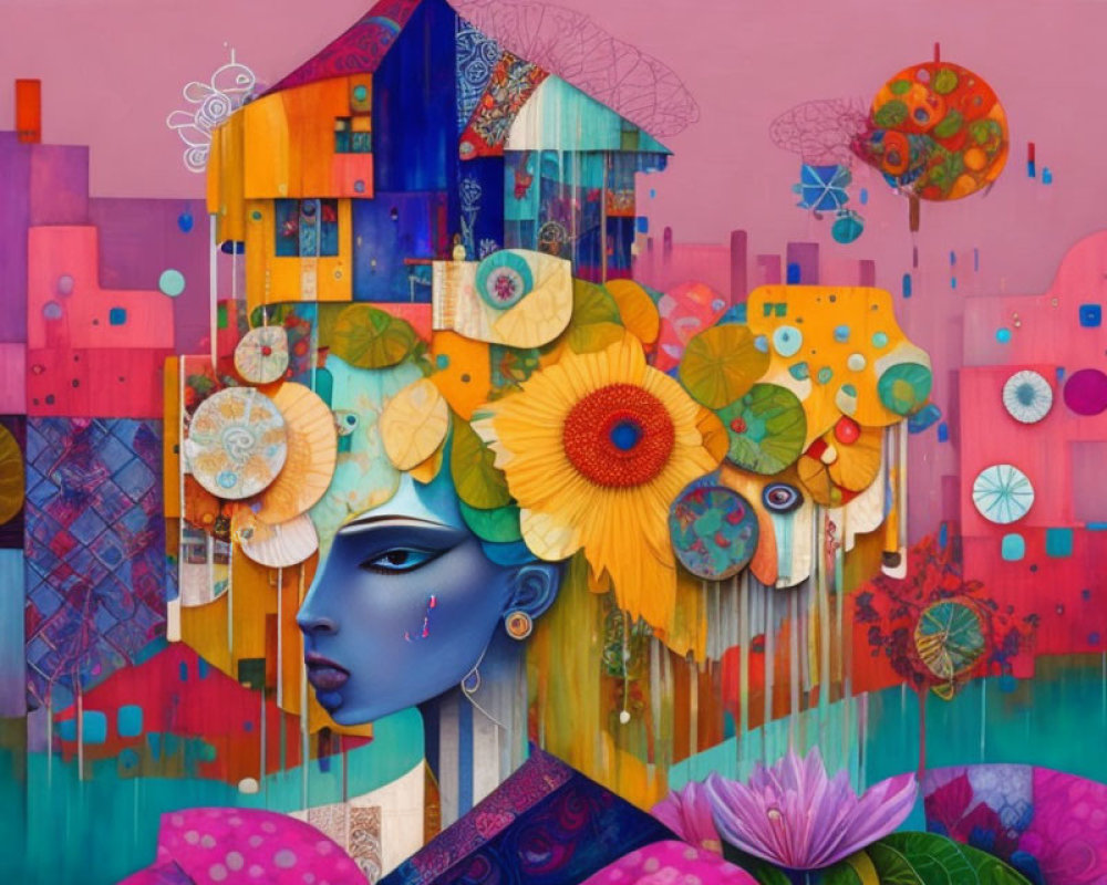 Blue-faced woman with cityscape and floral patterns: Surreal artwork