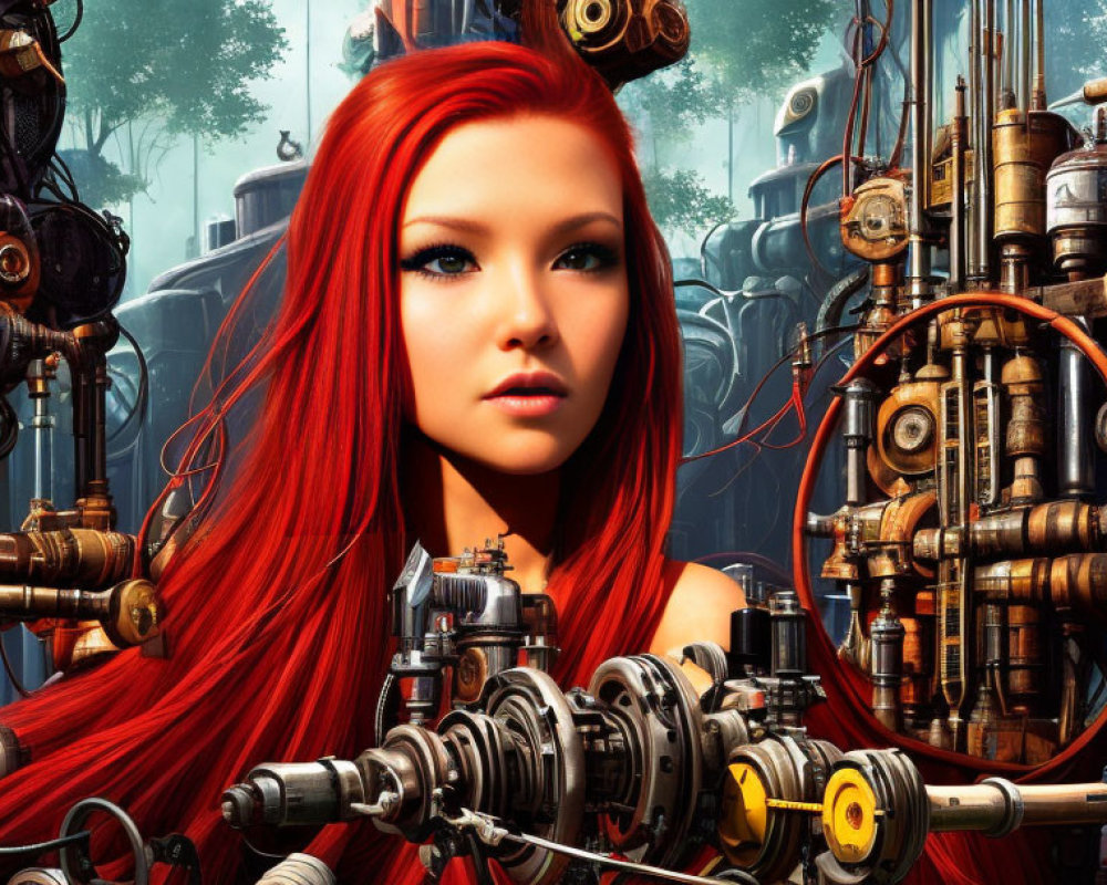 Vibrant red-haired woman in futuristic industrial setting