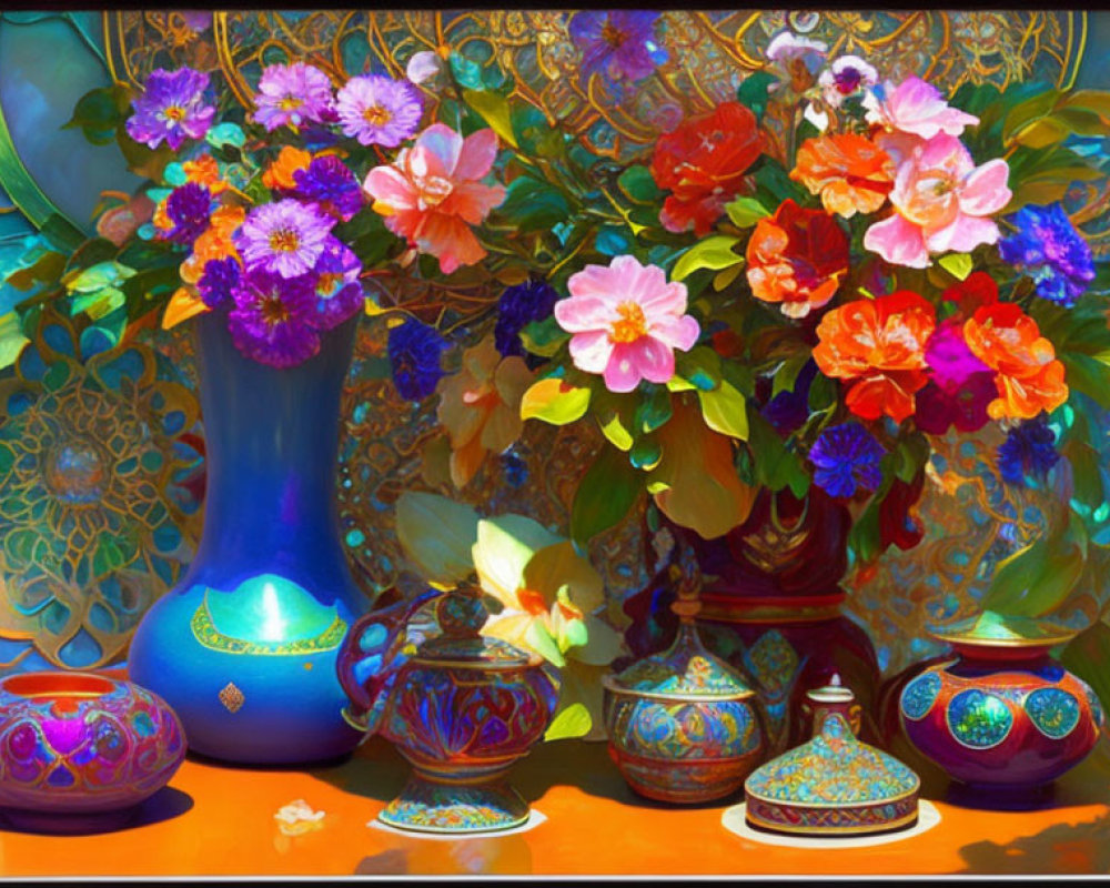 Colorful still life painting with ornate vases and flowers on decorative backdrop