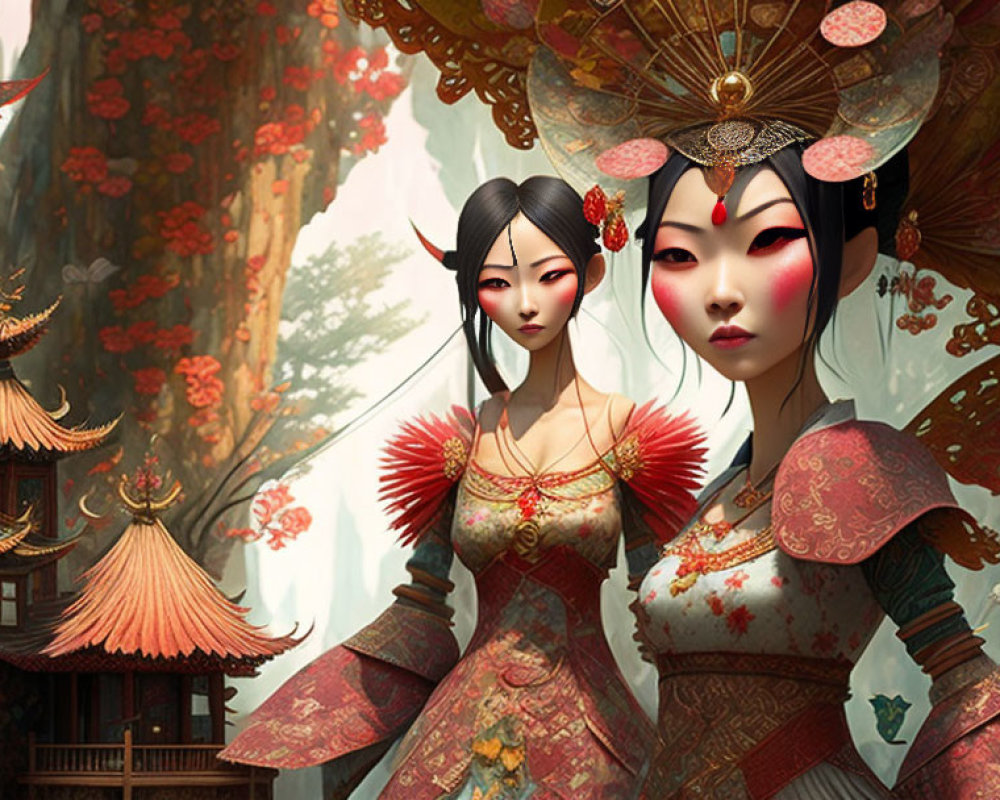 Asian female figures in traditional attire with umbrella and temple backdrop among red flowers and bird.