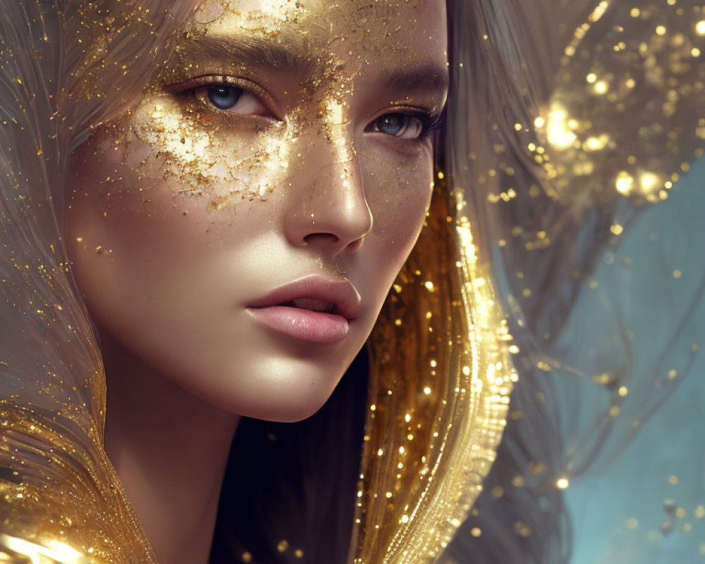 Close-up of woman with golden glitter makeup and gold leaf accents, surrounded by shimmering lights