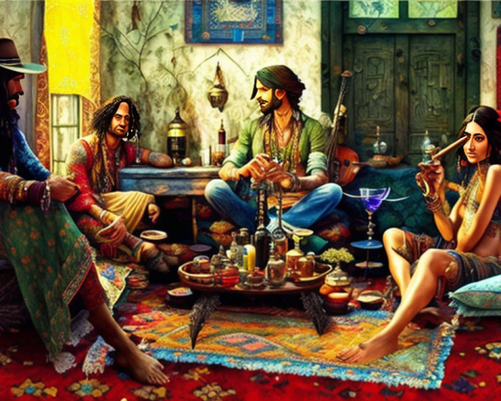 Four People Sharing Hookah in Colorful Bohemian Room