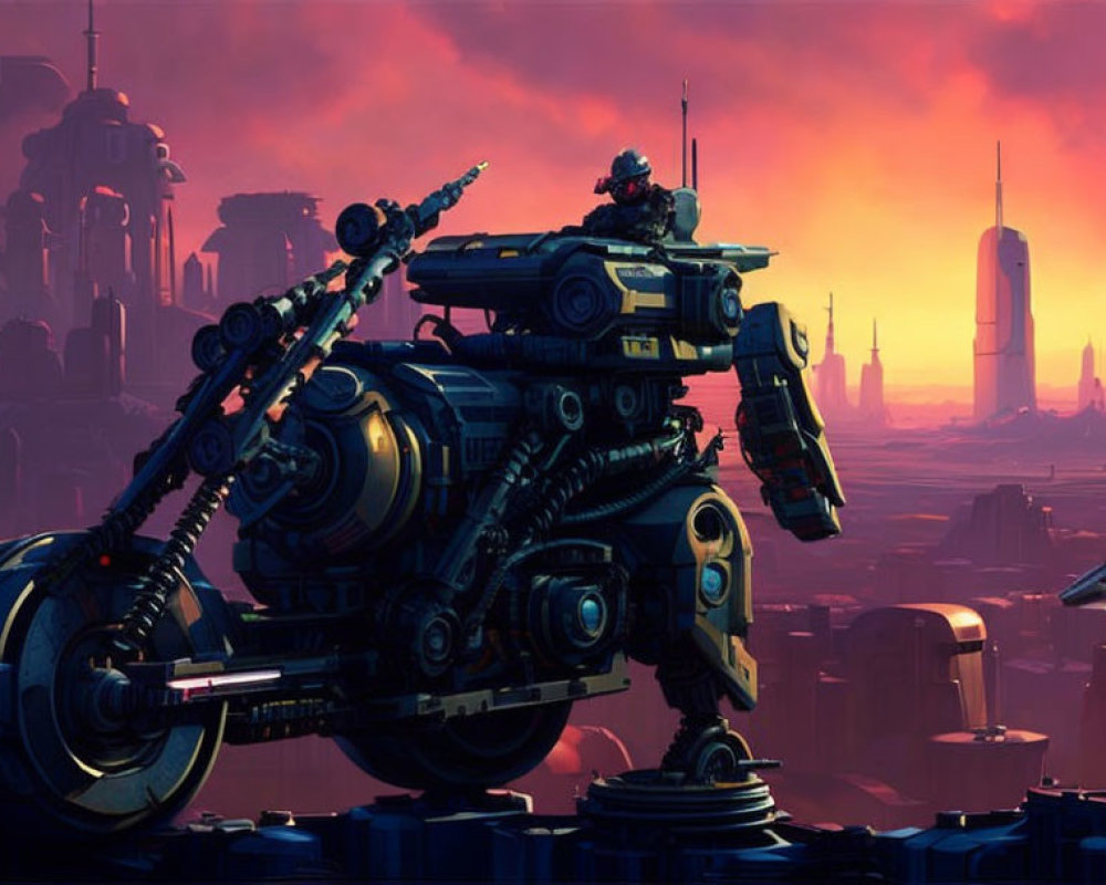 Futuristic humanoid robot with tank treads in dystopian city at sunset