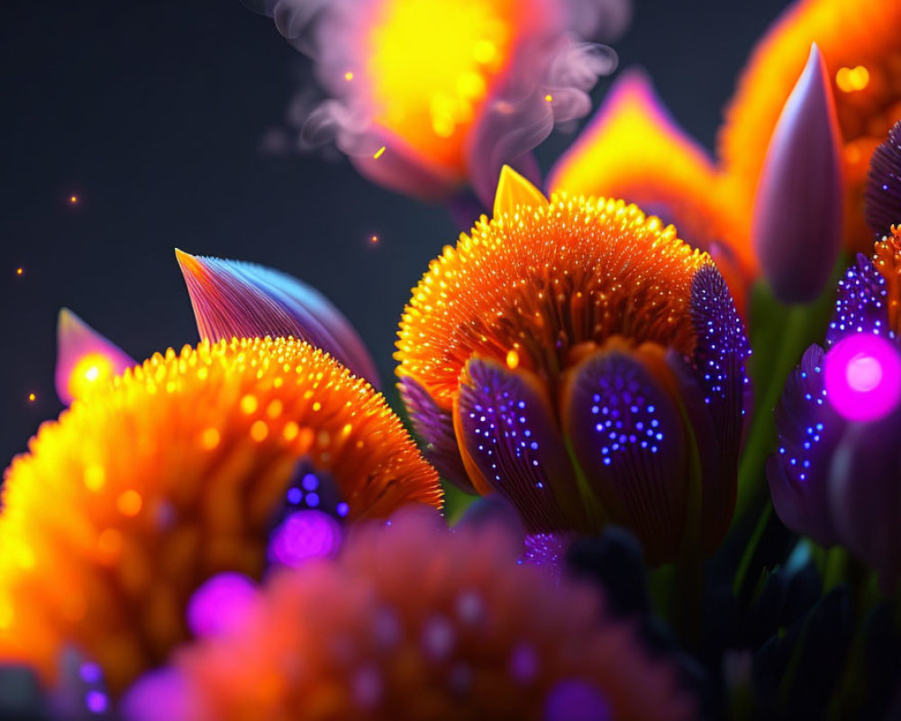 Luminescent Fantasy Flowers with Orange Petals on Dark Background