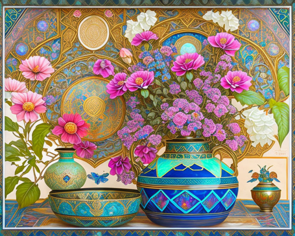 Colorful Still Life with Ornate Vessels and Abundant Flowers on Mosaic Background