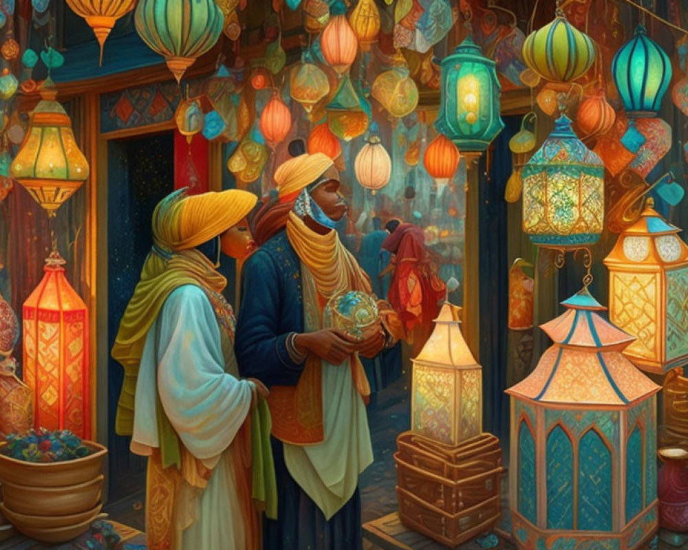 Traditional Attire Individuals Admiring Lanterns at Colorful Market