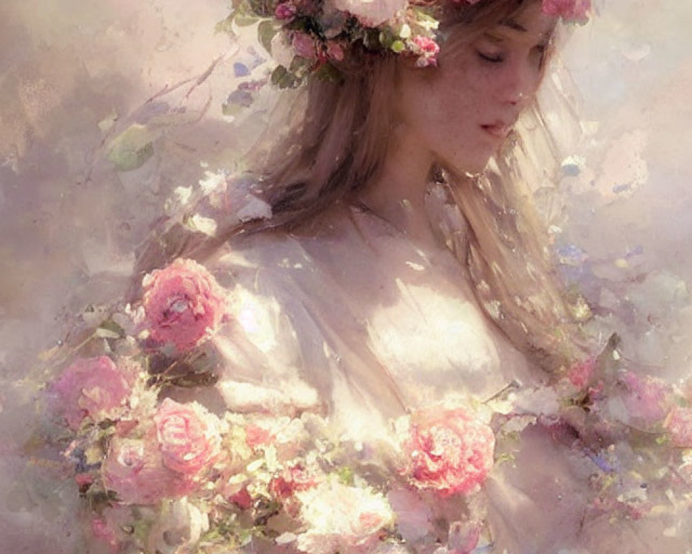 Profile of serene woman with floral wreath in dreamlike setting