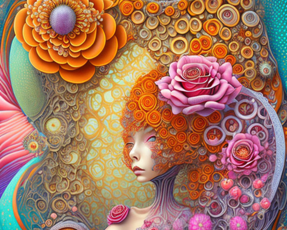 Colorful digital artwork: Woman's silhouette with floral patterns, eye motif, swirling colors.