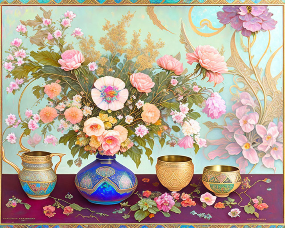 Colorful Still-Life Painting with Flowers, Vase, and Bowls