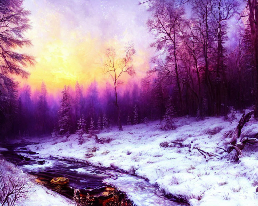 Winter forest scene with snow, bare trees, stream, colorful sky at dusk or dawn