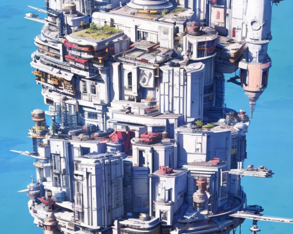 Futuristic city with layered skyscrapers and high-tech structures