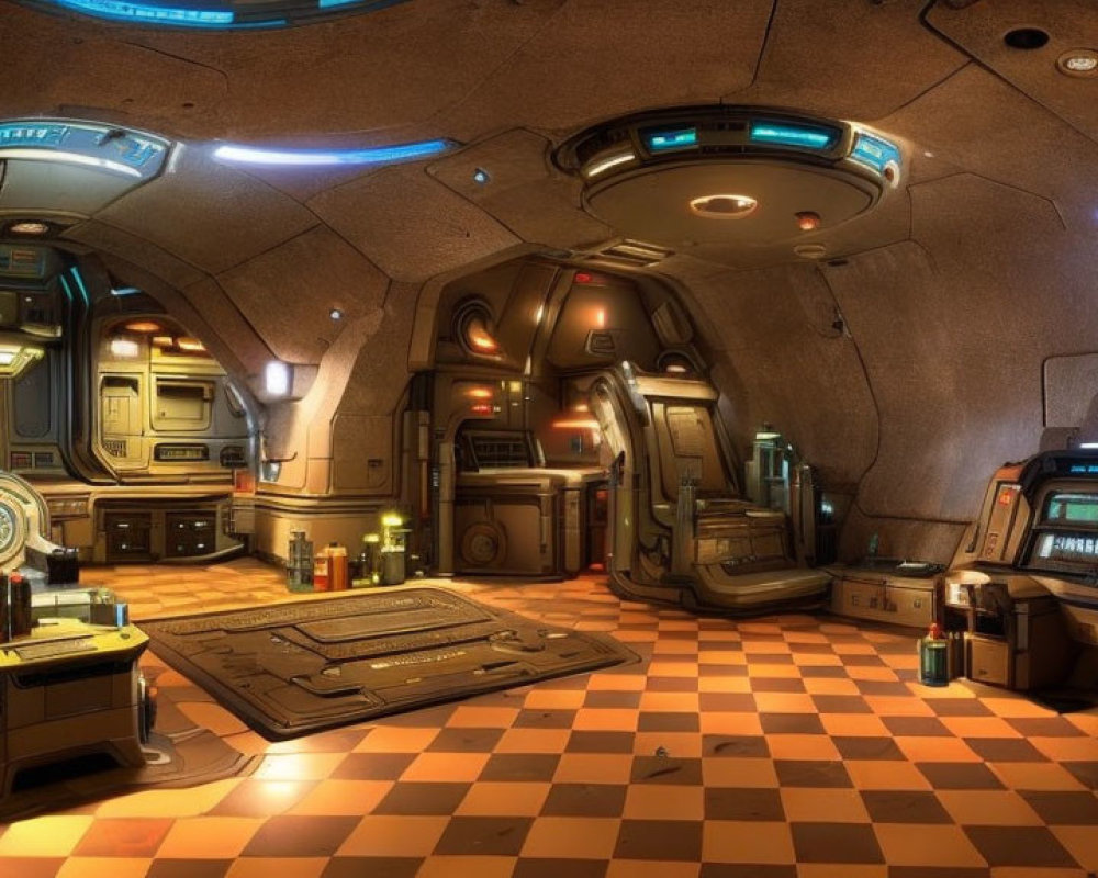 Futuristic spaceship interior with checkered floor and advanced control panels