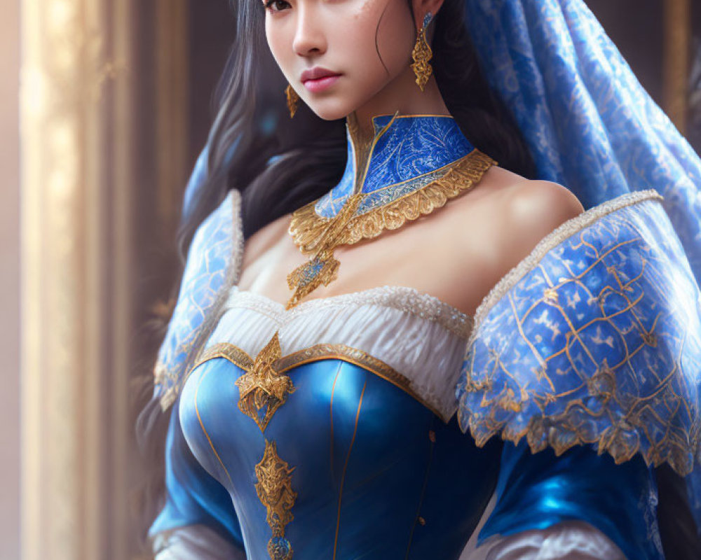 Renaissance-style woman in regal blue and gold dress with puffy sleeves