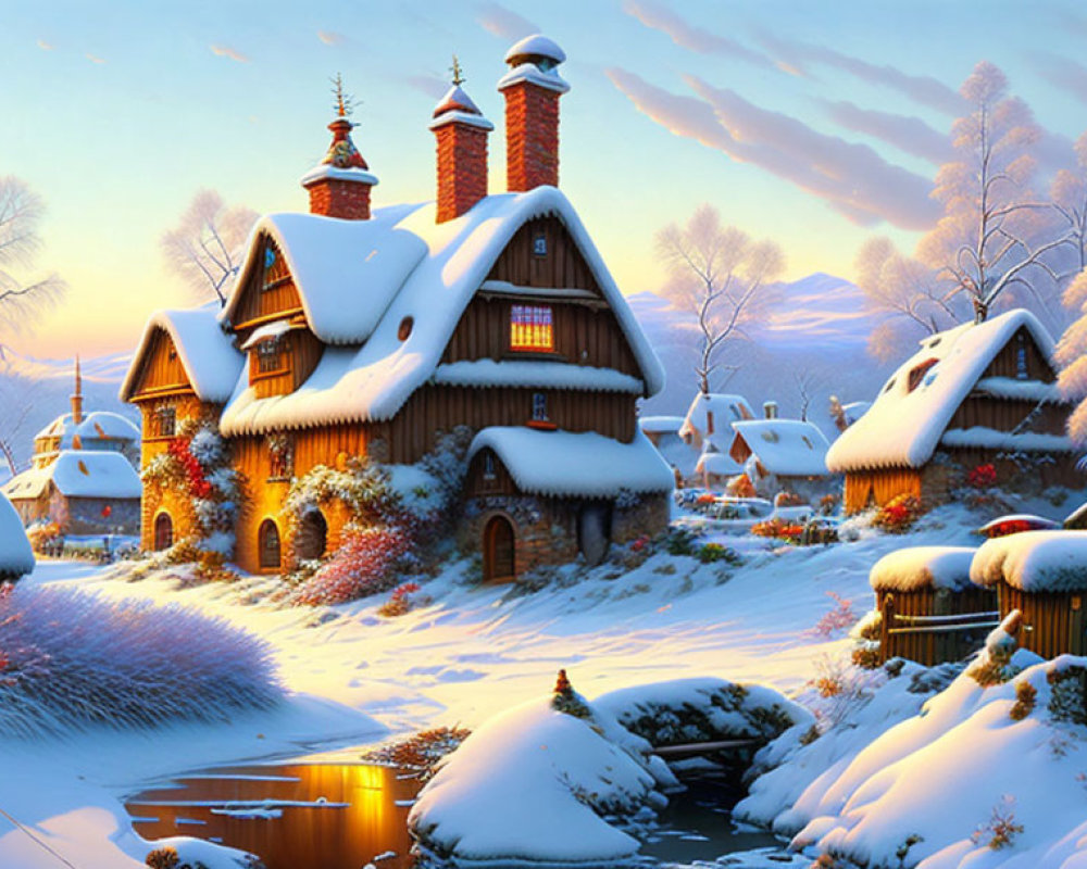 Snowy village scene with cozy cottages, serene river, and wintry landscape