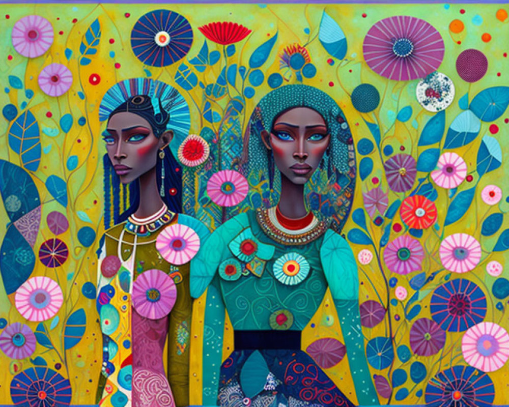 Stylized female figures in vibrant floral backdrop.