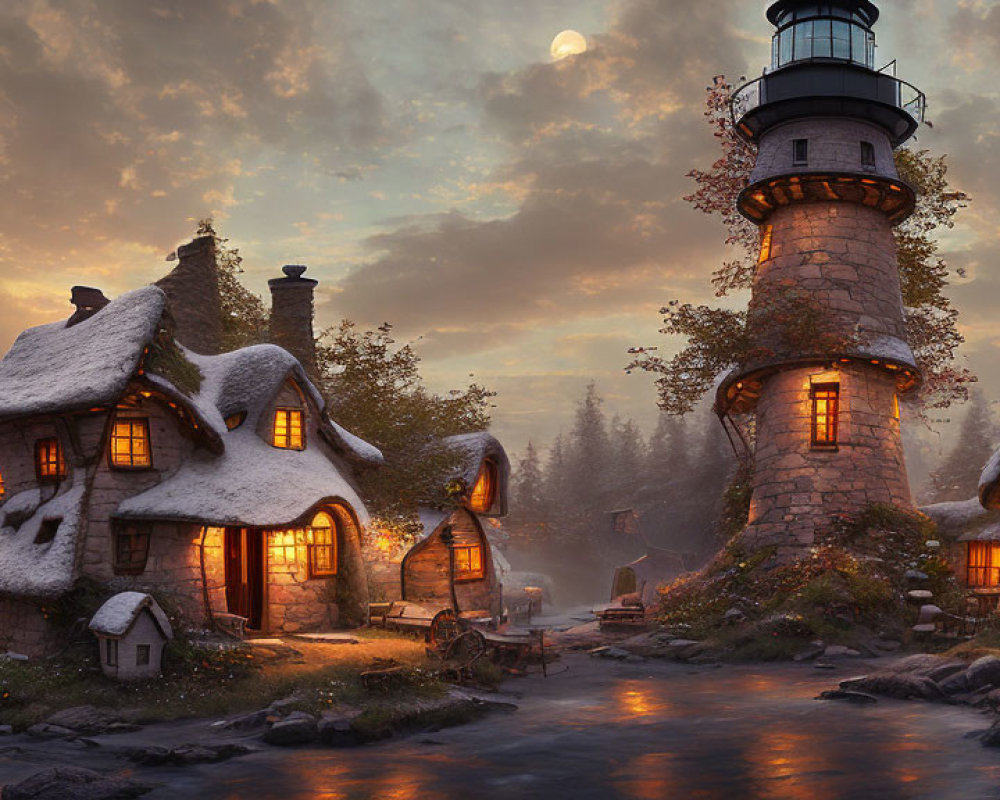 Moonlit fantasy scene: Thatched cottages and stone lighthouse by river at dusk