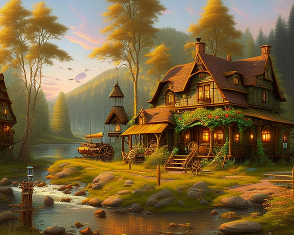 Tranquil Fantasy Village with Stream and Sunset Glow