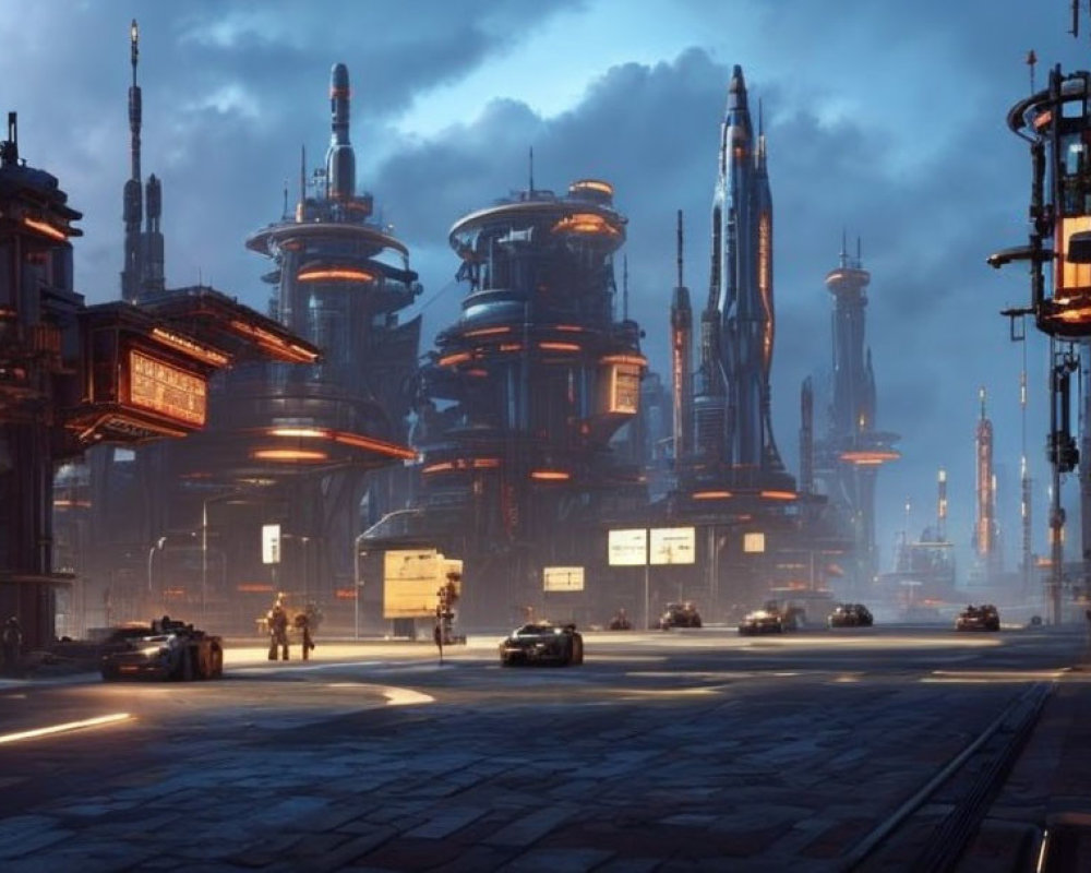 Futuristic cityscape at dusk with skyscrapers, signs, flying vehicles, and bustling street